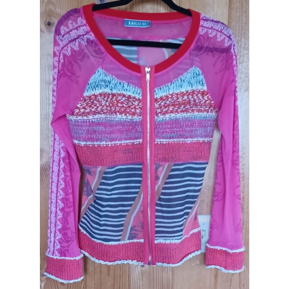 LULU-H Multi Media Zip up Cotton Blend Lacy Sheer Cardigan Pink Women's Small - Picture 2 of 5
